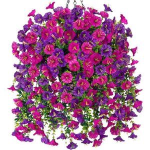 Artificial Hanging Flowers with Basket Outdoors Fake Flowers Plants, 3 PCS Faux
